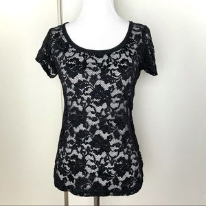 White House Black Market Black Lace Short Sleeve Shirt Size Small